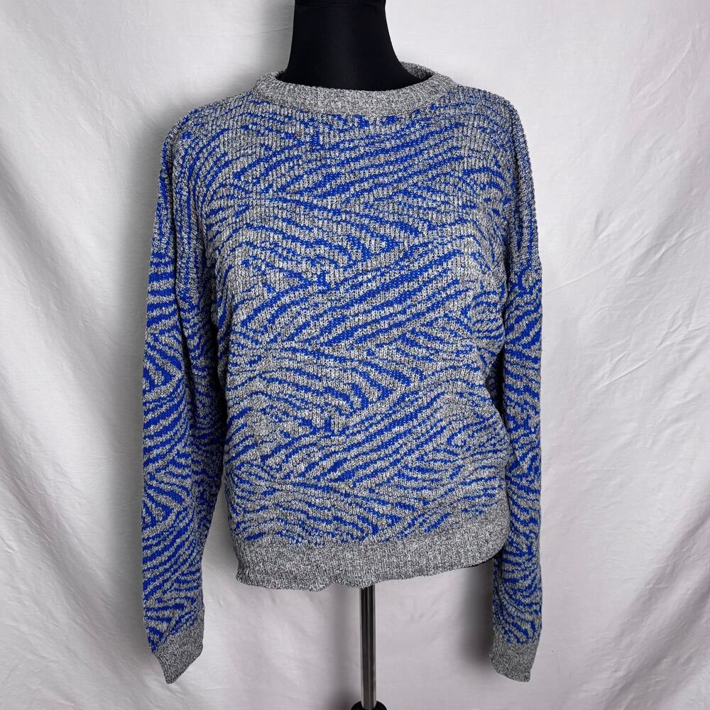 Vintage Sweater Graphix Made in USA Size Medium Blue Grey Zebra Print